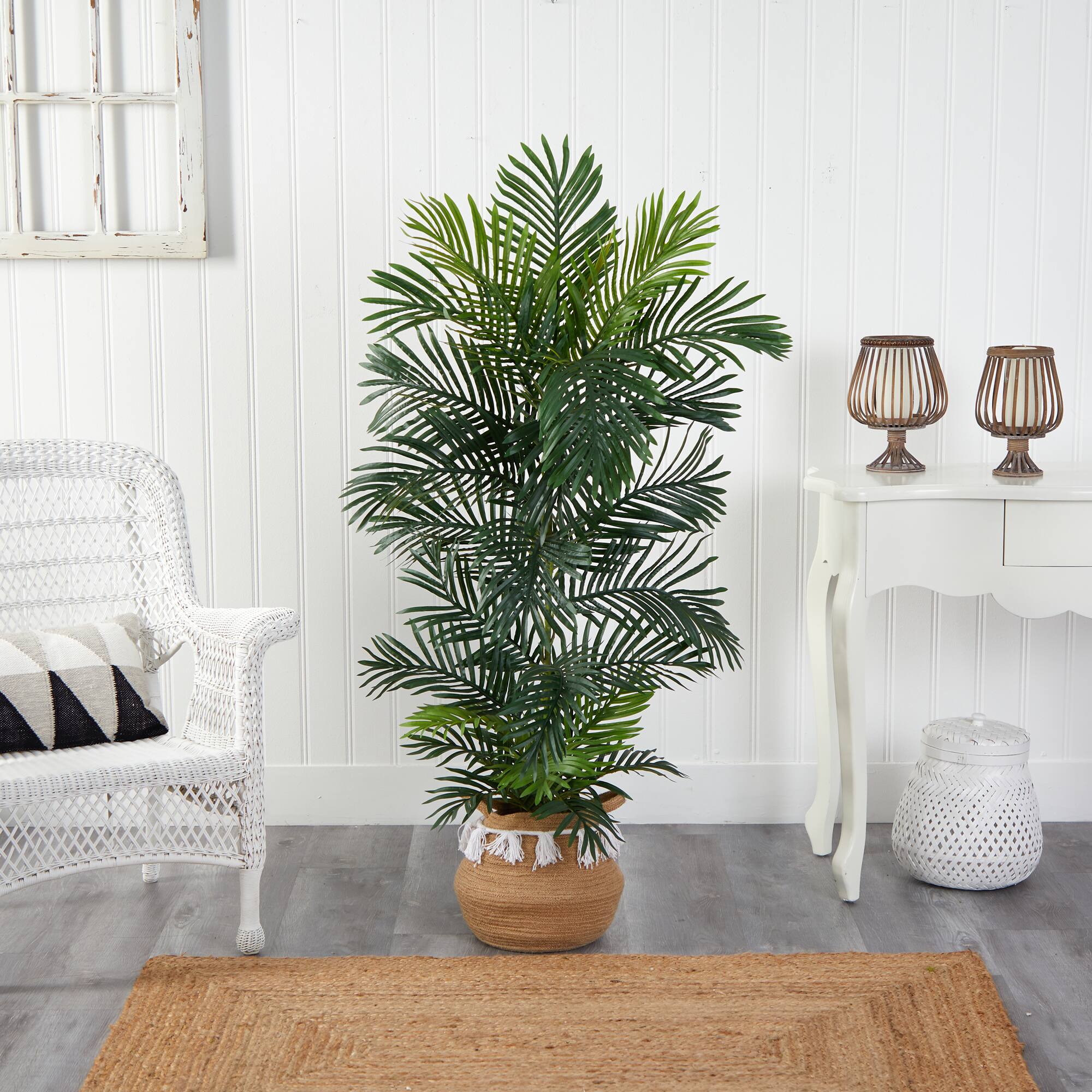 5ft. Areca Artificial Palm Tree in Boho Chic Handmade Natural Cotton Woven Planter with Tassels UV Resistant (Indoor/Outdoor)